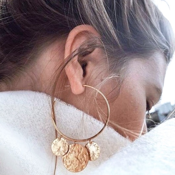 Gold 3/4 Hoops w/3 Dangling Discs Earrings - Picture 2 of 7